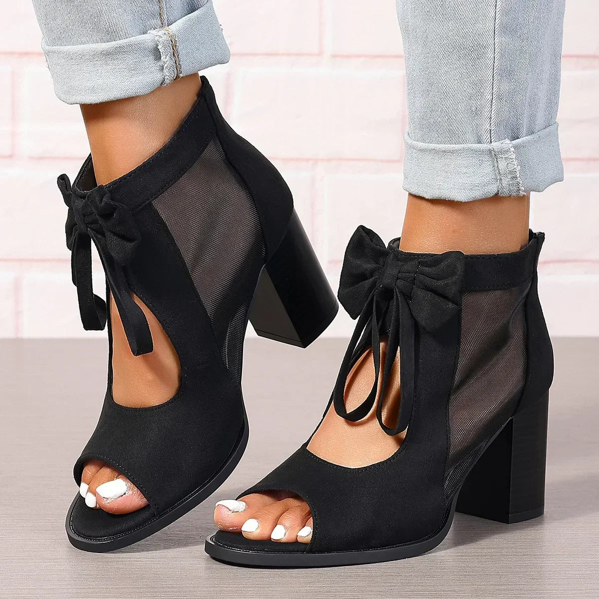 Damen-Sandalen Mit Absatz, Schleifendetail, Mesh-Einsätzen, Blockabsatz, Reißverschluss Hinten