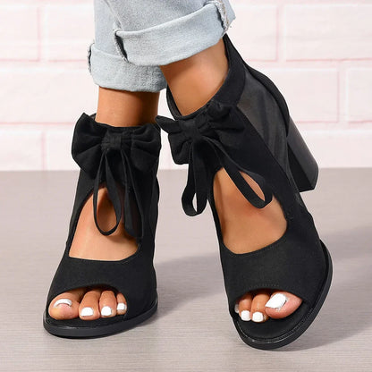 Damen-Sandalen Mit Absatz, Schleifendetail, Mesh-Einsätzen, Blockabsatz, Reißverschluss Hinten