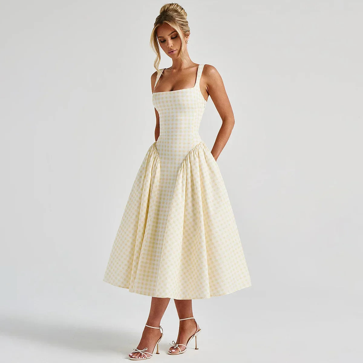 Damen Maxikleid mit Karomuster – Verstellbare Träger A Linie