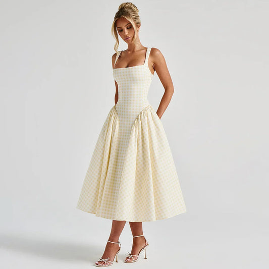 Damen Maxikleid mit Karomuster – Verstellbare Träger A Linie