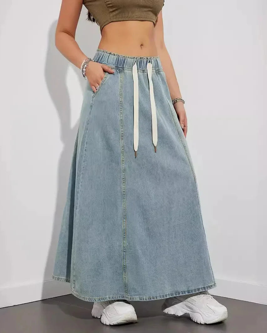 Women's Maxi Skirt Jeans Style Elastic Waistband Drawstring
