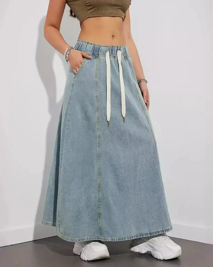 Women's Maxi Skirt Jeans Style Elastic Waistband Drawstring