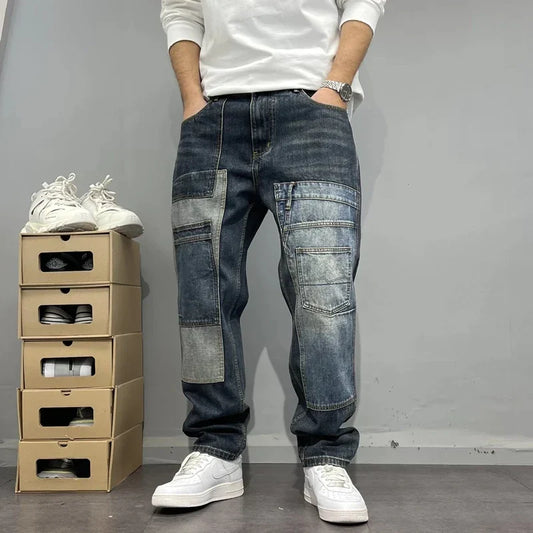 Herren Patchwork-Jeans mit Cargotaschen und konischem Schnitt