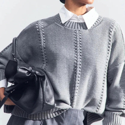 Women's Oversized Knit Sweater with Openwork Pattern, Crew Neck, Long Sleeves