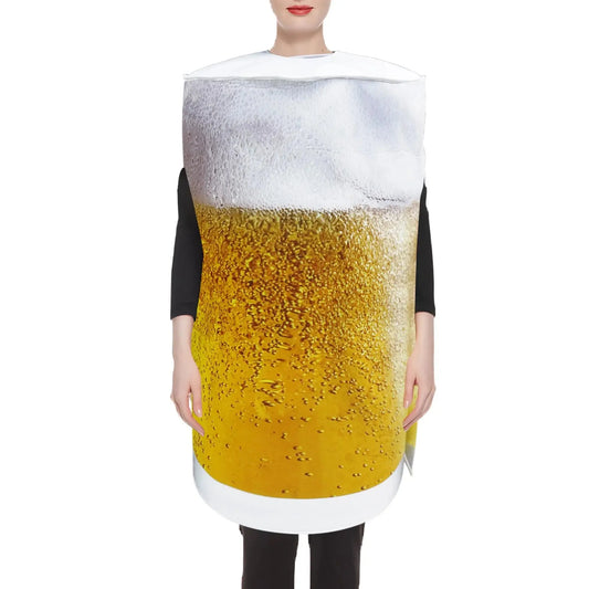Person in einem Bierglas-Kostüm mit Schaumkrone und goldener Farbe. Perfekt für Karneval, Oktoberfest oder Kostümpartys. Lustiges Bierkostüm.