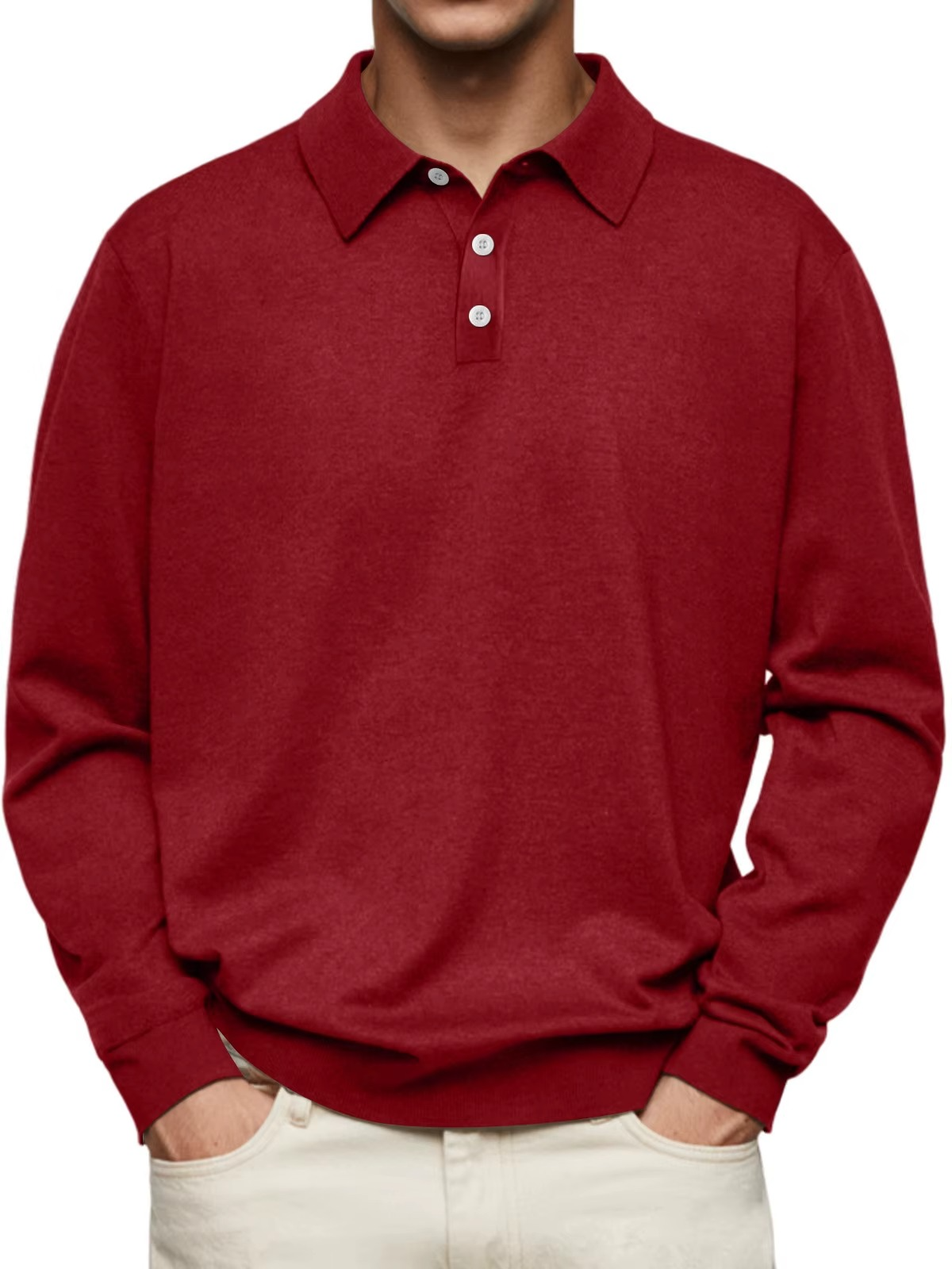 Roter Herrenpullover mit Kragen und Knopfleiste, lässiger Stil, ideal für Herbstmode. Hochwertiger Stoff, perfekt für stilvolle Freizeitoutfits.