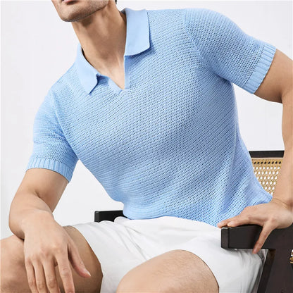 Men's Summer Knitted Polo Shirt with V-Neck, Elastic Waistband, and Breathable Fabric