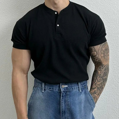 Herren Waffel Henley Shirt mit Stehkragen – Taillierte Passform