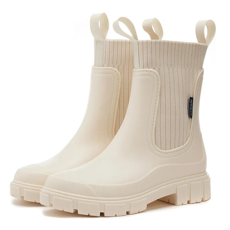 Beige Chelsea Boots für Damen, wasserdicht, mit dicker Sohle und elastischem Schaft. Modische Gummistiefel für Herbst und Winter.