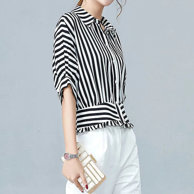 Women's striped top with concealed button placket and bell cuffs