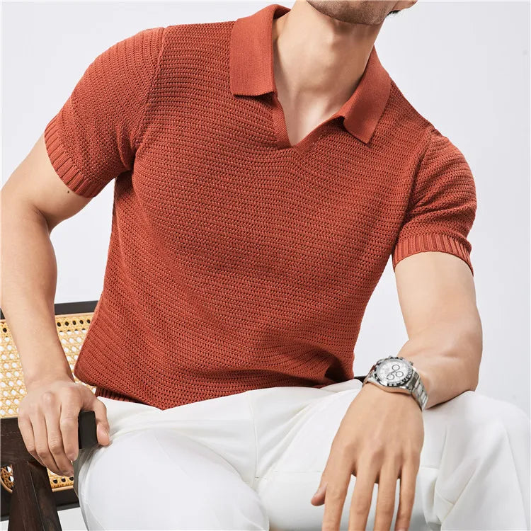 Men's Summer Knitted Polo Shirt with V-Neck, Elastic Waistband, and Breathable Fabric