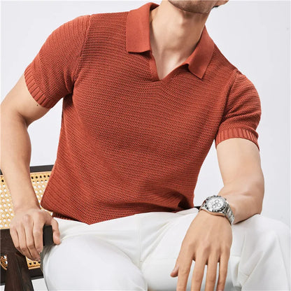 Men's Summer Knitted Polo Shirt with V-Neck, Elastic Waistband, and Breathable Fabric