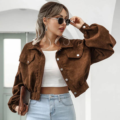 Women's Short Cord Jacket with Lantern Sleeves