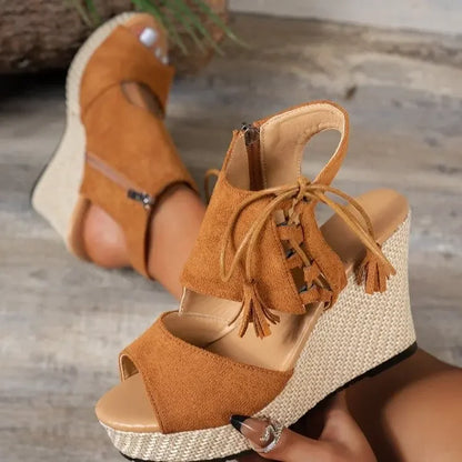 Damen Sommer-Wedges mit geflochtener Jute und Schnürung am Knöchel – Offene Zehen