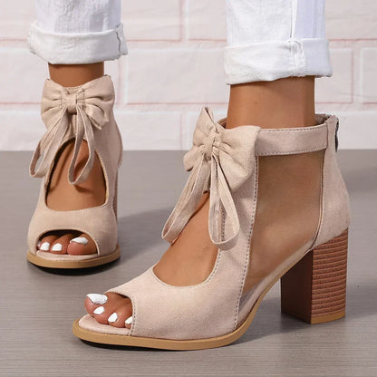 Damen-Sandalen Mit Absatz, Schleifendetail, Mesh-Einsätzen, Blockabsatz, Reißverschluss Hinten
