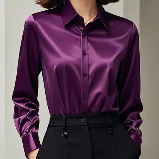 Women's satin blouse with button placket and cuffed sleeves