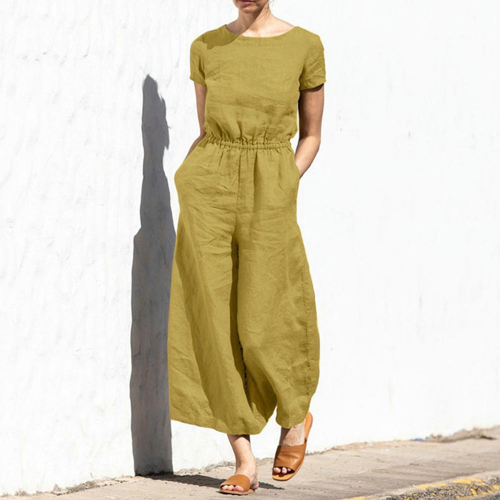 Women's summer jumpsuit with wide legs and round neckline, solid color design
