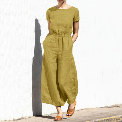 Women's summer jumpsuit with wide legs and round neckline, solid color design