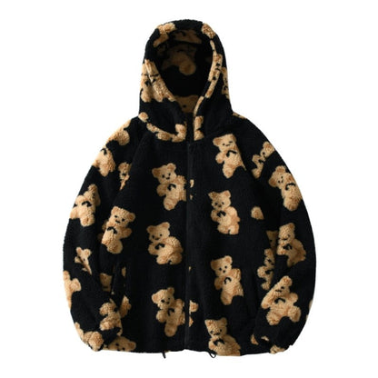 Weiche Damen-Plüschjacke mit Kapuze und Bärendruck im Detail