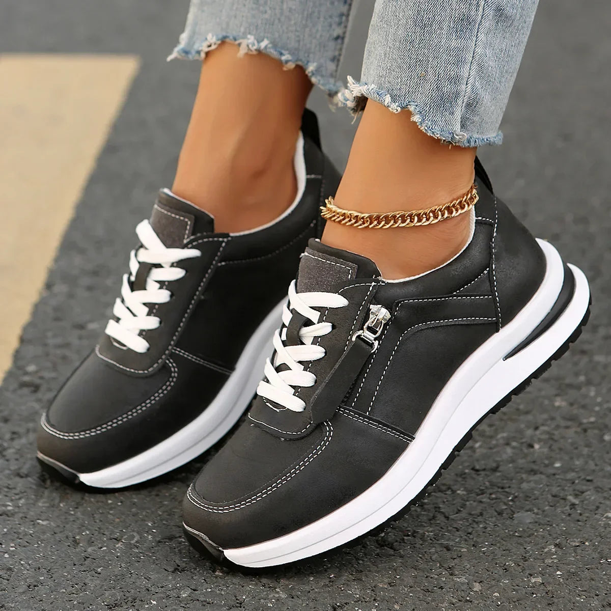 Damen Sneakers mit Plateau, Schnürung, seitlichem Reißverschluss und orthopädischer Sohle