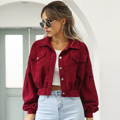 Women's Short Cord Jacket with Lantern Sleeves