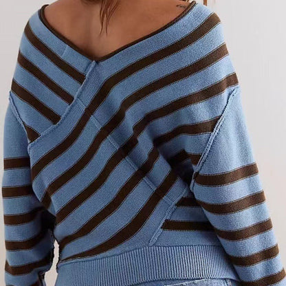 Damen Strickpullover V-Ausschnitt Lockere Passform Diagonale Streifen