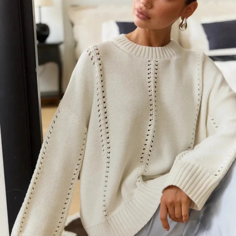 Women's Oversized Knit Sweater with Openwork Pattern, Crew Neck, Long Sleeves