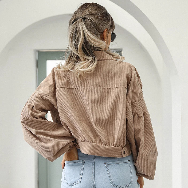 Women's Short Cord Jacket with Lantern Sleeves