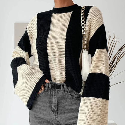 Women's Knit Sweater Crew Neck Dropped Shoulders Wide Sleeves Loose Fit – Everyday and Layering