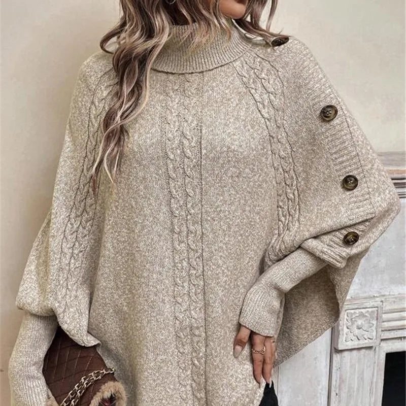 Women's Poncho with Turtleneck, Textured Knit, and Button Sleeves