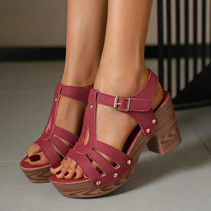 Damen-Sommersandalen Mit Plateau, Blockabsatz, Cut-Out Und Verstellbarem Knöchelriemen