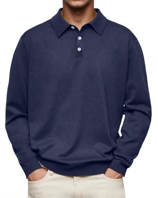 Dunkelblaues Herren-Poloshirt mit langen Ärmeln, Knopfleiste und klassischem Kragen. Ideal für Freizeitmode und stilvolle Outfits.