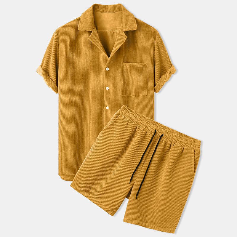 Men's Summer Shorts Set: Short-Sleeve Shirt and Shorts in Cord Style