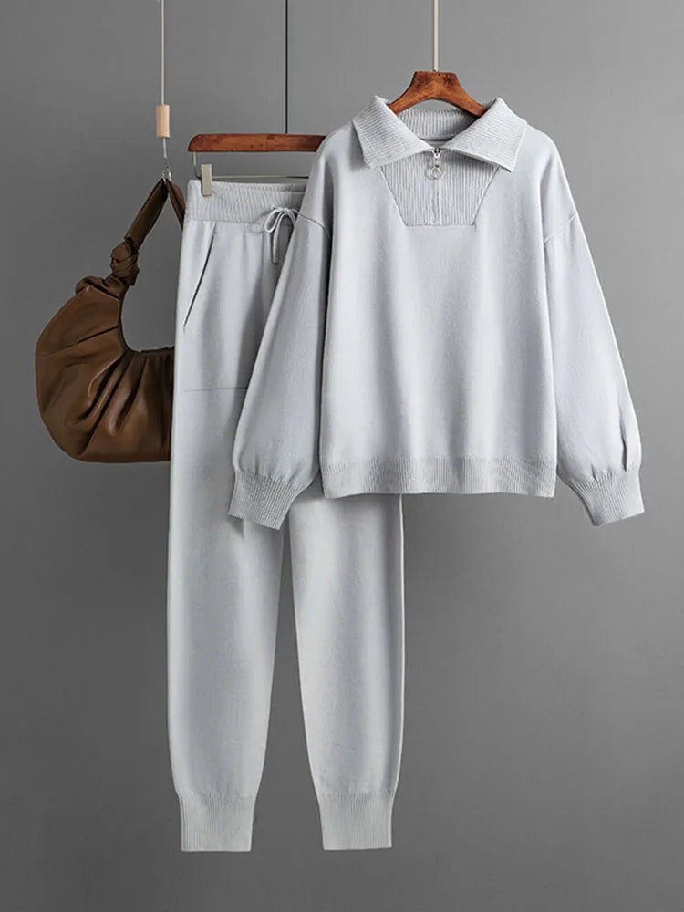 Women's Knit Loungewear Set with Zip Sweater and Tailored Jogging Pants