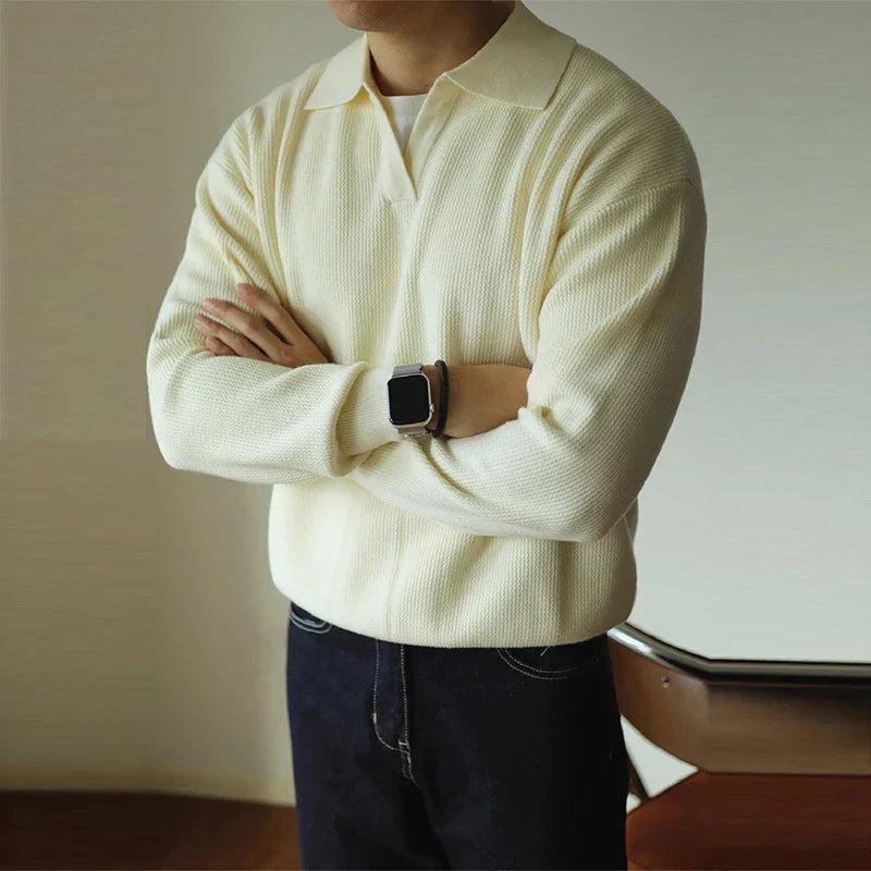 Men's Knit Polo Shirt Open Collar Ribbed Structure