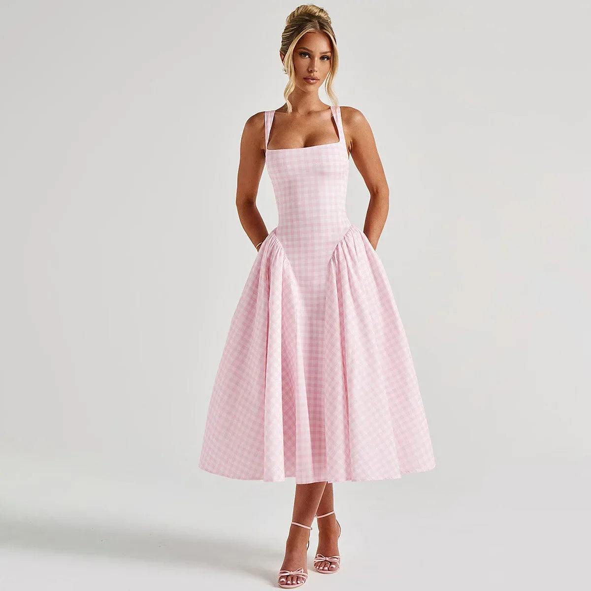 Damen Maxikleid mit Karomuster – Verstellbare Träger A Linie