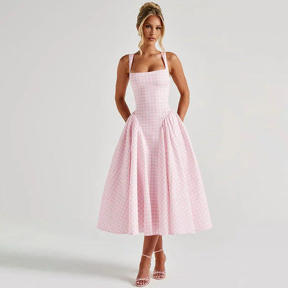 Damen Maxikleid mit Karomuster – Verstellbare Träger A Linie