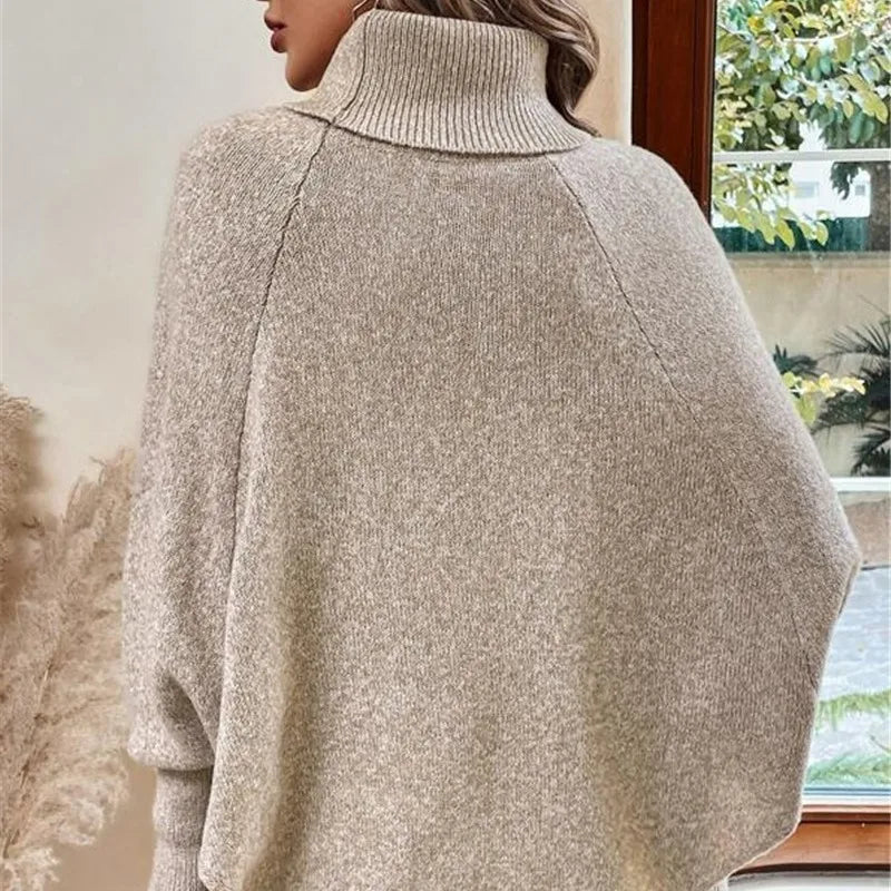 Women's Poncho with Turtleneck, Textured Knit, and Button Sleeves