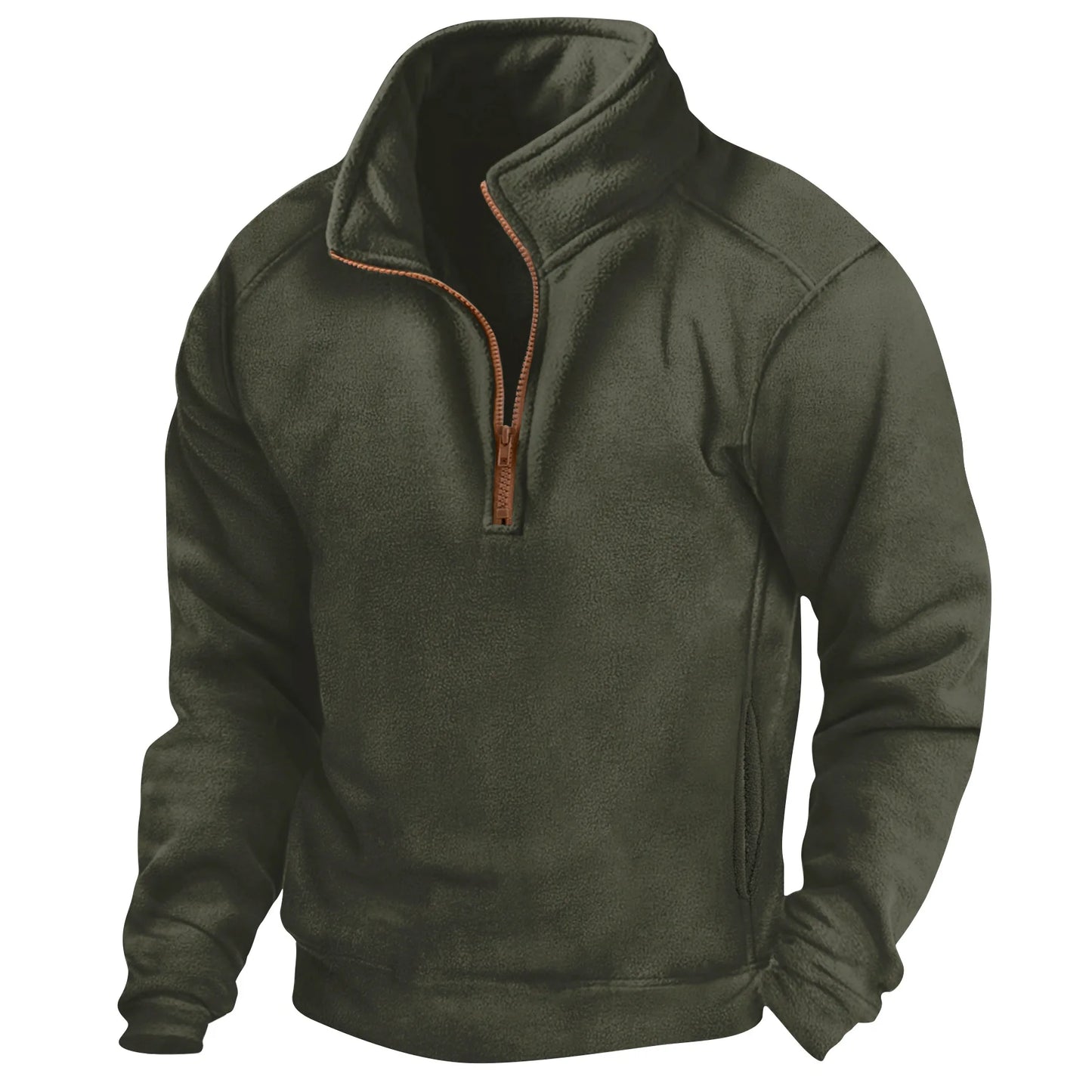 Dunkelgrüner Fleece-Pullover mit Reißverschluss, Stehkragen und langen Ärmeln. Ideal für Outdoor-Aktivitäten und kühles Wetter.