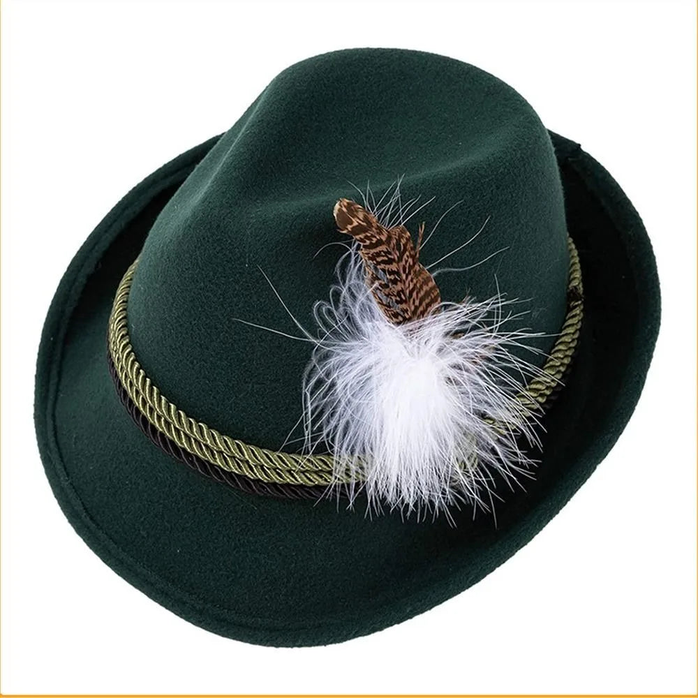 Grüner Trachtenhut mit Feder, traditioneller bayerischer Hut, Oktoberfest Accessoire, Filzhut mit Zierband, ideal für Volksfeste und Trachtenmode.