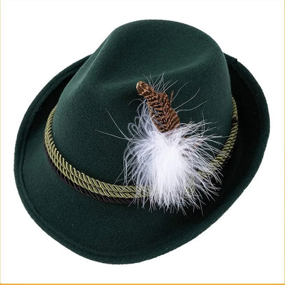 Grüner Trachtenhut mit Feder, traditioneller bayerischer Hut, Oktoberfest Accessoire, Filzhut mit Zierband, ideal für Volksfeste und Trachtenmode.