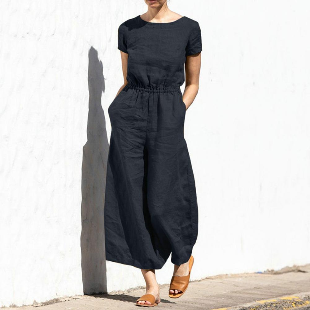 Women's summer jumpsuit with wide legs and round neckline, solid color design