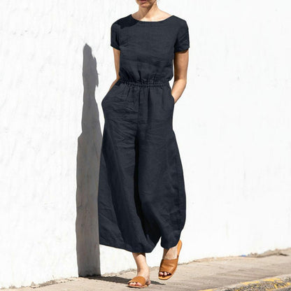 Women's summer jumpsuit with wide legs and round neckline, solid color design