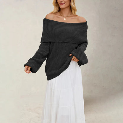 Women's Knit Sweater with Overlapping Collar and Wide Sleeves