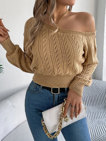 Women's autumn sweater with diagonal neckline and off-shoulder design