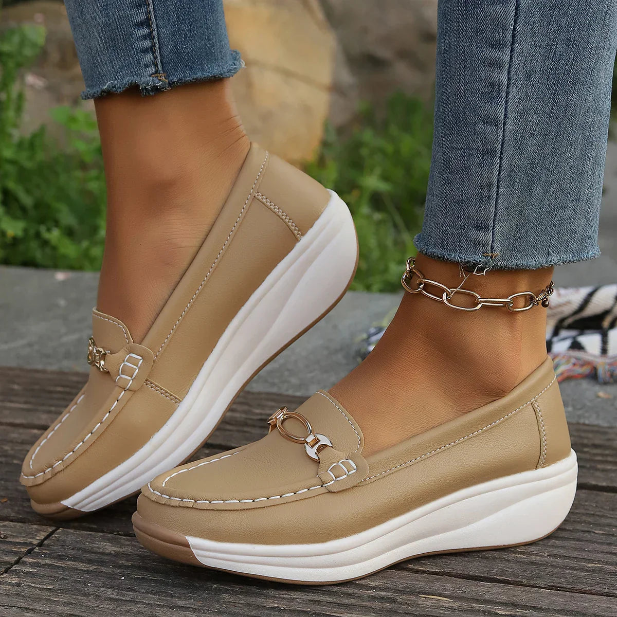 Damen Plateau-Loafer, Goldfarben, Zum Hineinschlüpfen, Flexible Laufsohle