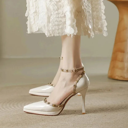 Women's Lace Stiletto Pumps with Double Straps and Studs