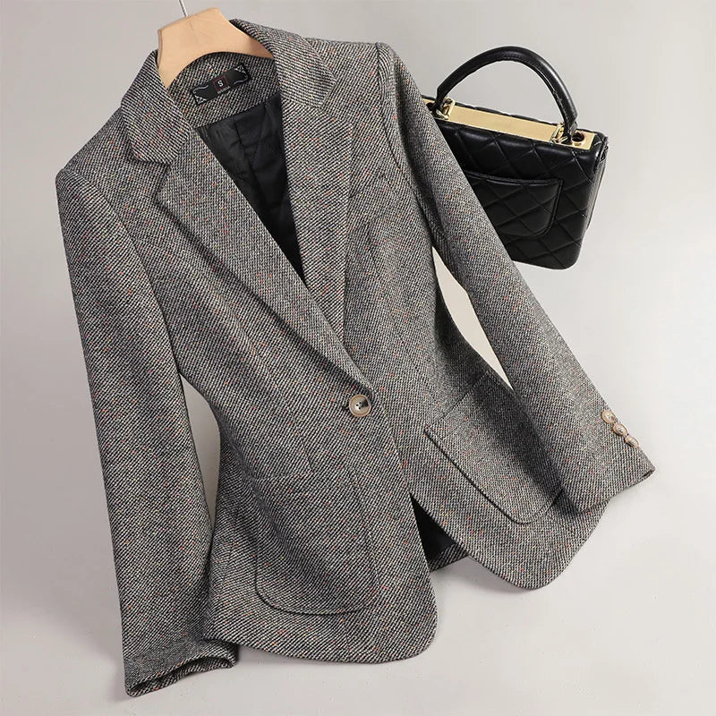 Damen Herbstblazer mit Fischgrätmuster und Klapptaschen