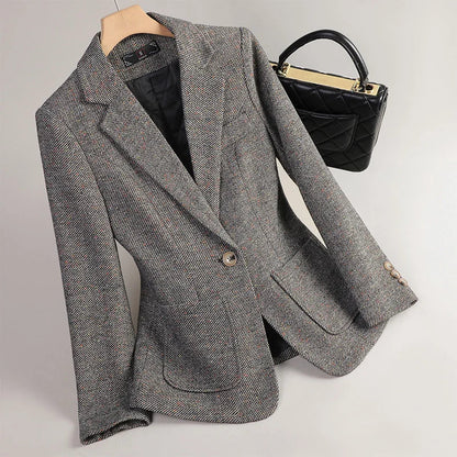 Damen Herbstblazer mit Fischgrätmuster und Klapptaschen