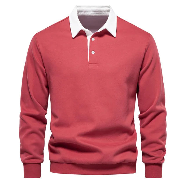 Roter Herrenpullover mit weißem Kragen, Langarm, klassisches Design, ideal für Freizeitmode und elegante Anlässe. Hochwertige Baumwollmischung.